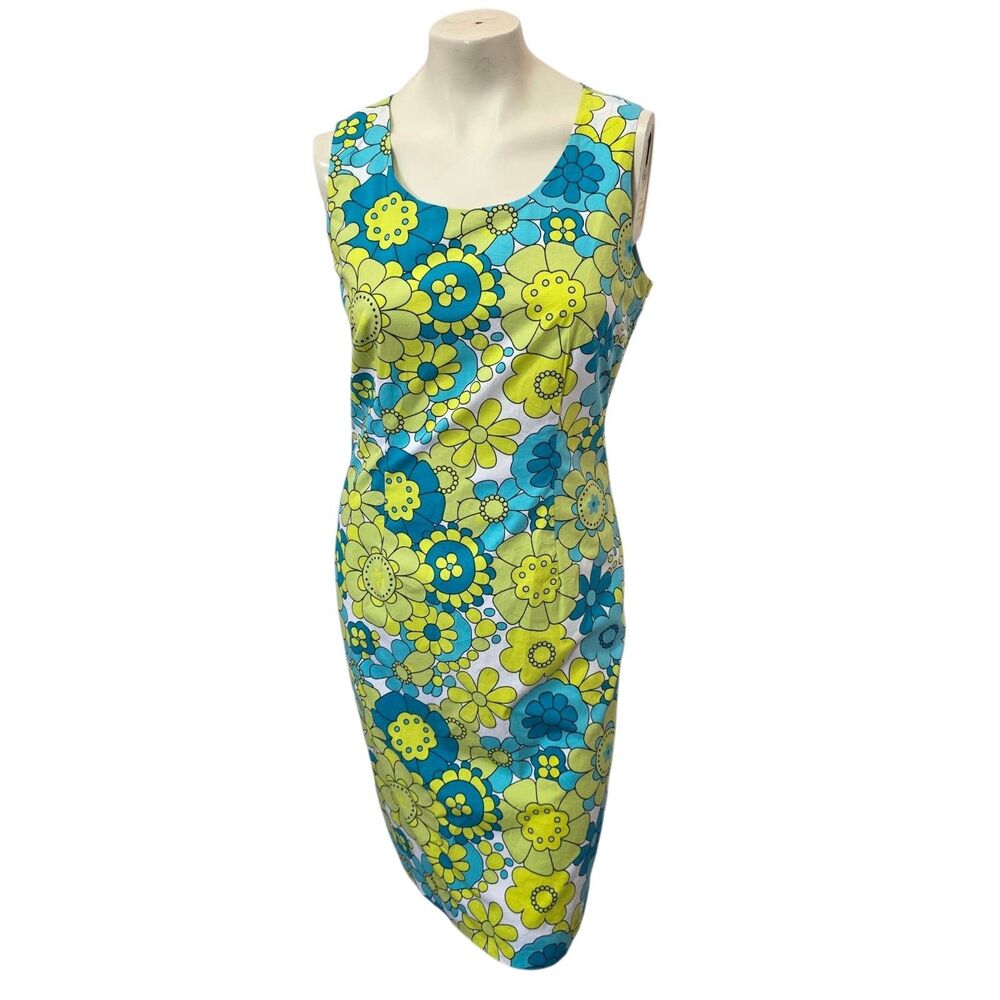 Metrostyle Floral Sheath Dress Womens 8 Blue Green Mod Retro Sleeveless Midi
